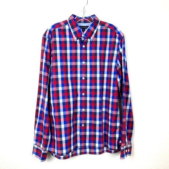 Tommy Hilfiger Men's Custom Fit Button Up Shirt Size M Blue Red White Plaid - Picture 1 of 8